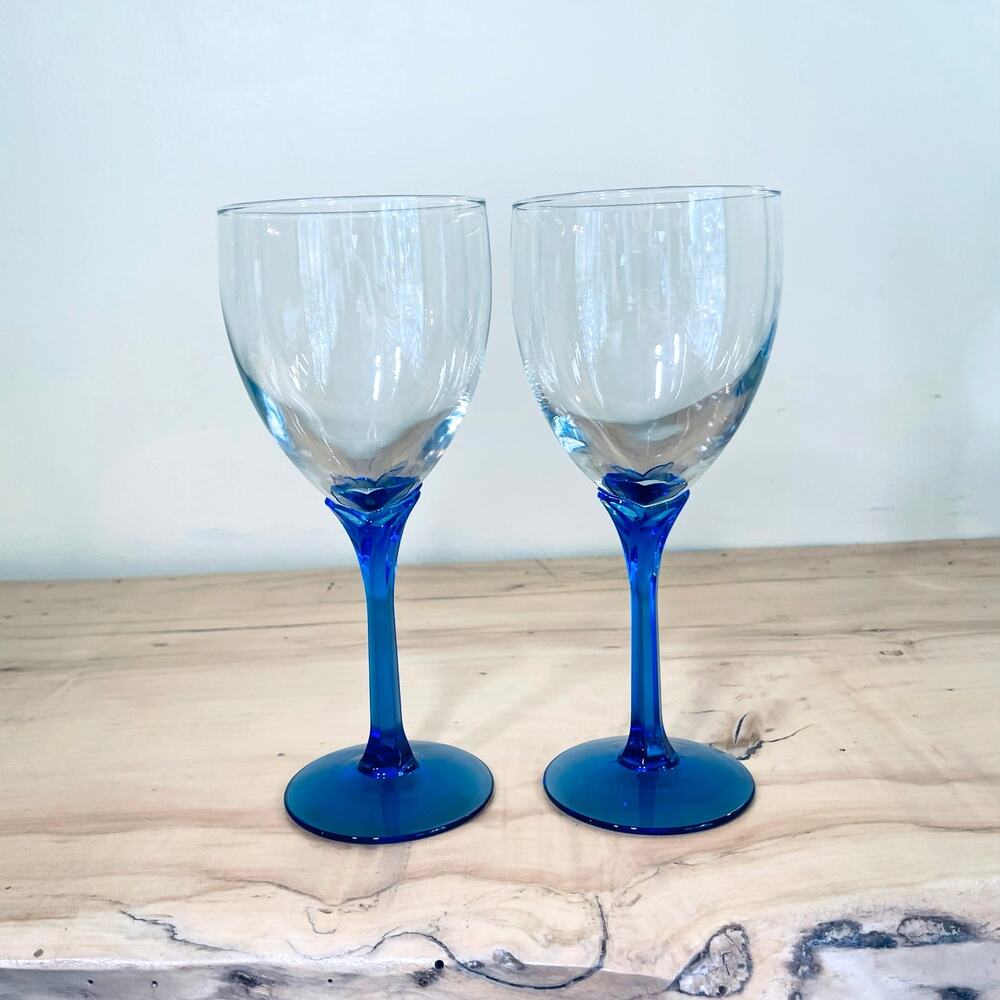 Wine Glasses 2 Vintage Libbey Goblet Domaine Blue Pedal Stem